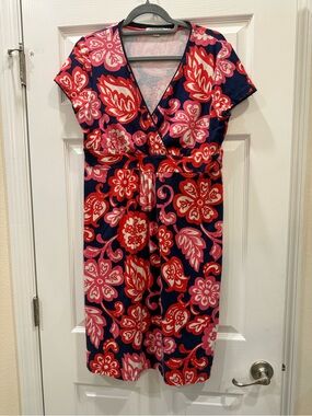 Boden Navy Midi Dress with Pink & Red Floral Print